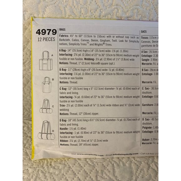 Simplicity Misses Handbag Totes Sewing Pattern 4979 - uncut - Picture 5 of 10
